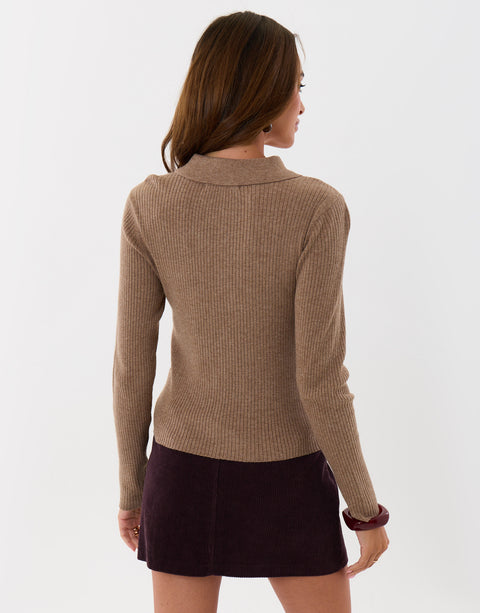 Threadbare Ribbed Polo Neck Jumper in Beige - back view