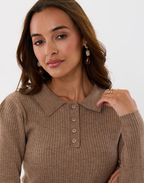 Threadbare Ribbed Polo Neck Jumper in Beige - detail
