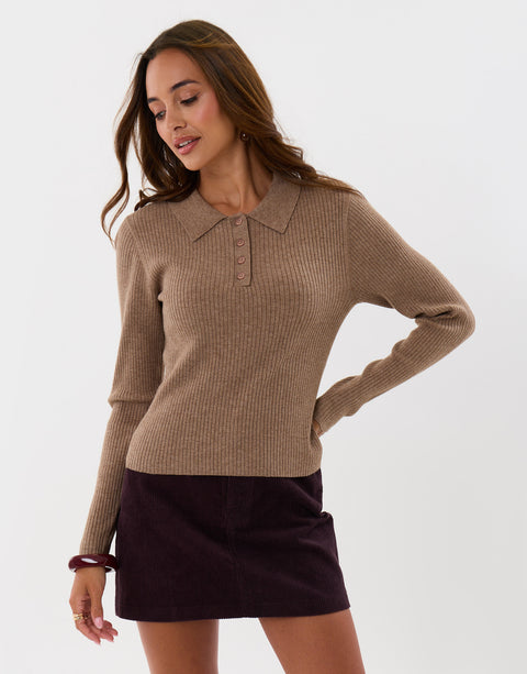 Threadbare Ribbed Polo Neck Jumper in Beige - front view