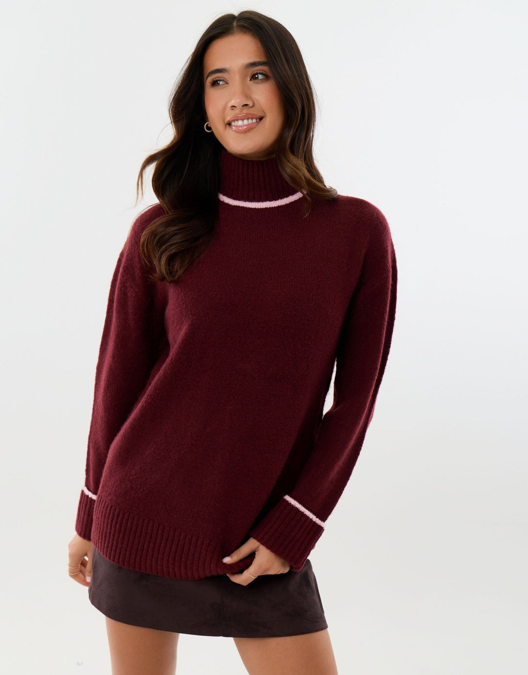 Relaxed Fit Contrast Trim Funnel Neck Jumper in Burgundy