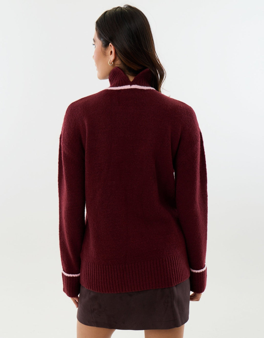 Relaxed Fit Contrast Trim Funnel Neck Jumper in Burgundy