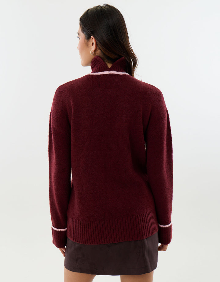 Relaxed Fit Contrast Trim Funnel Neck Jumper in Burgundy