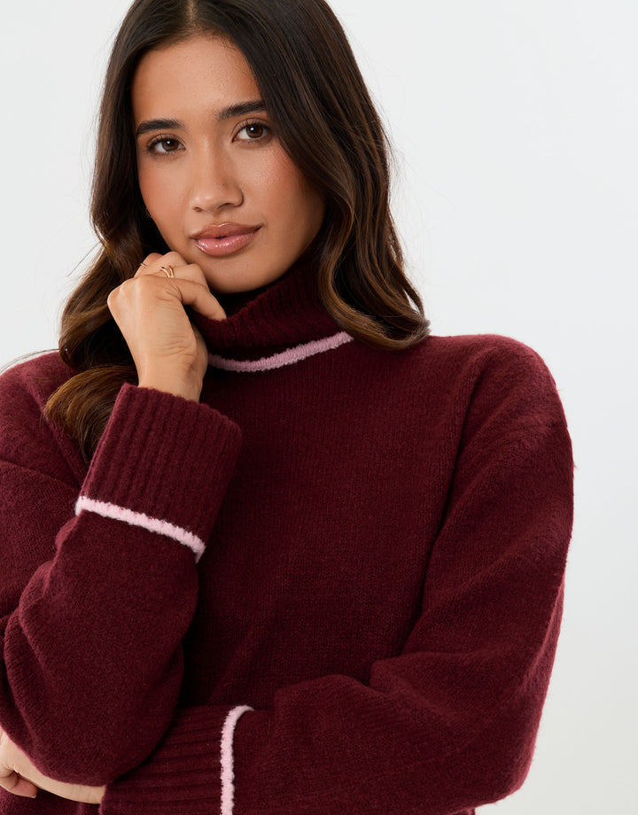Relaxed Fit Contrast Trim Funnel Neck Jumper in Burgundy