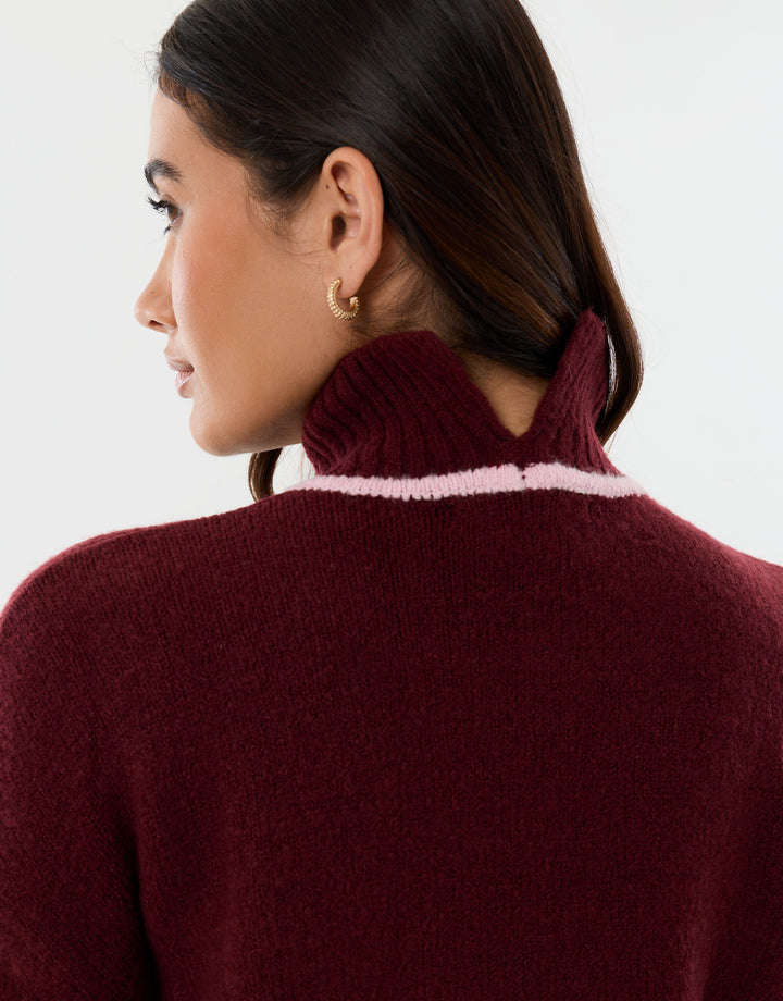 Relaxed Fit Contrast Trim Funnel Neck Jumper in Burgundy