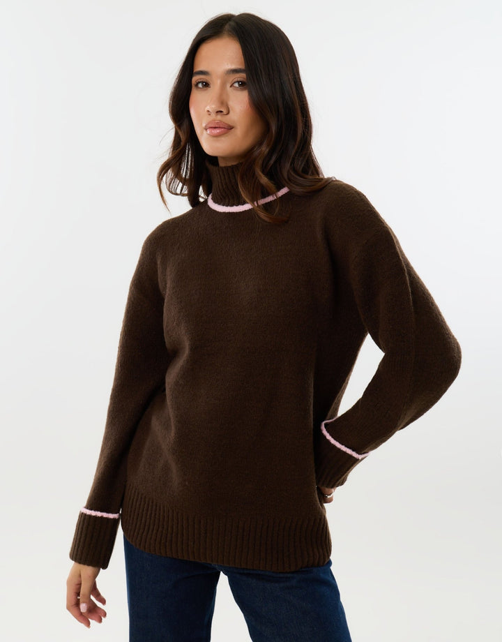 Relaxed Fit Contrast Trim Funnel Neck Jumper in Chocolate Brown