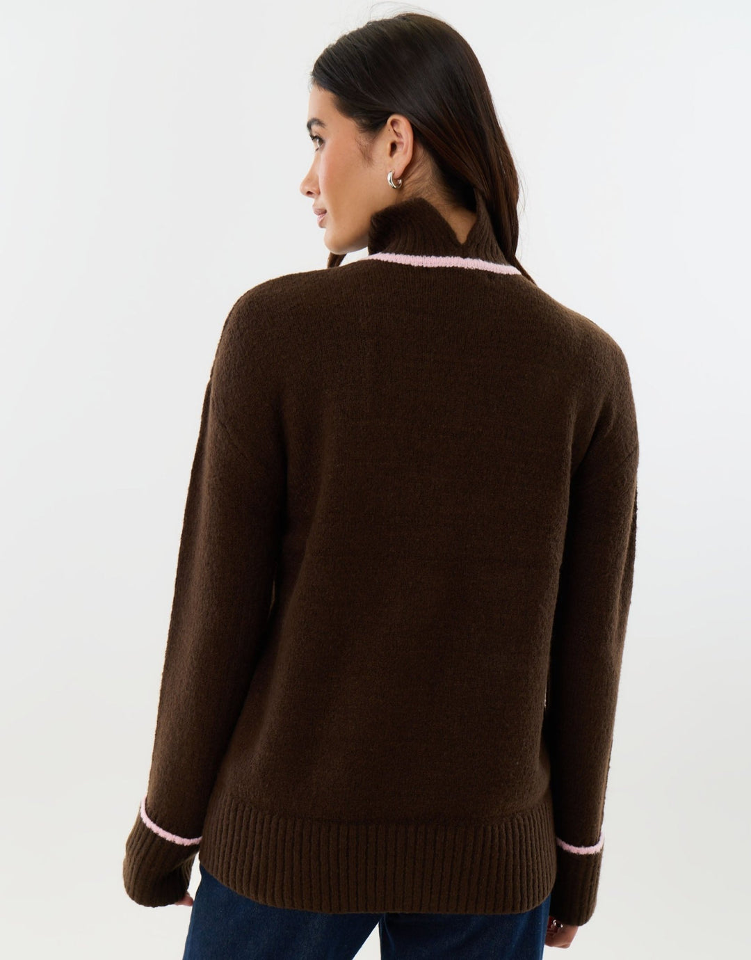 Relaxed Fit Contrast Trim Funnel Neck Jumper in Chocolate Brown