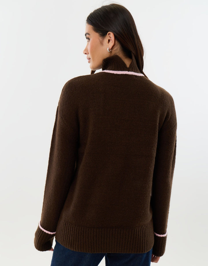 Relaxed Fit Contrast Trim Funnel Neck Jumper in Chocolate Brown