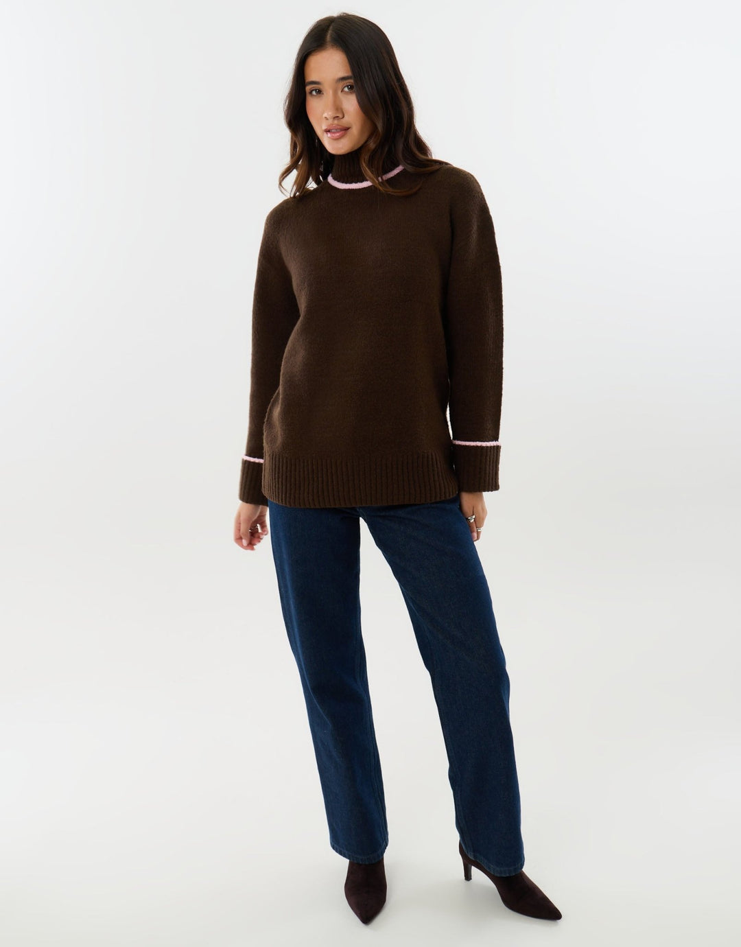 Relaxed Fit Contrast Trim Funnel Neck Jumper in Chocolate Brown