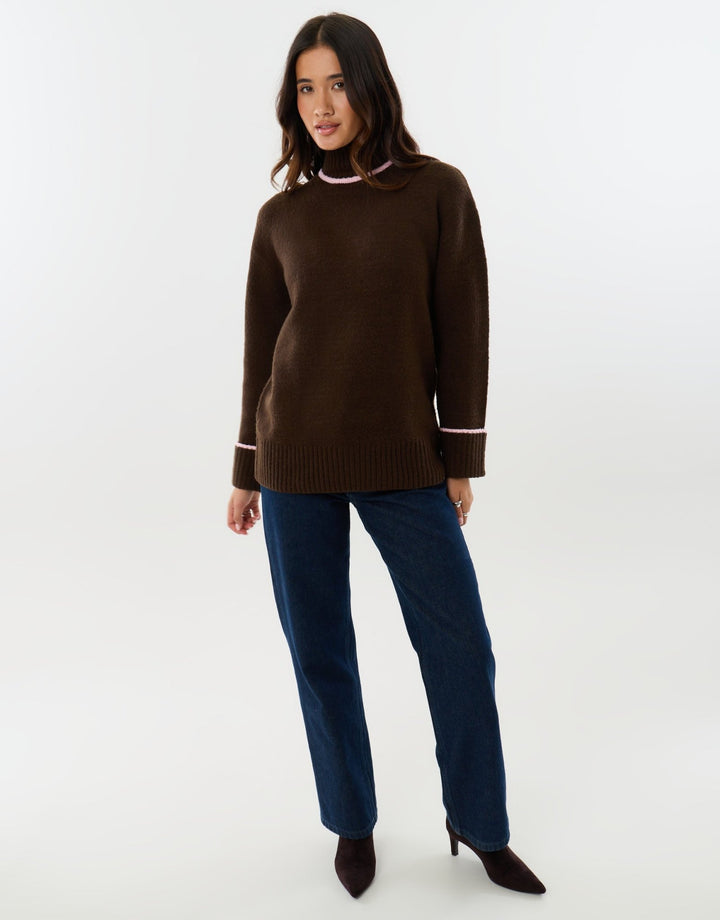 Relaxed Fit Contrast Trim Funnel Neck Jumper in Chocolate Brown