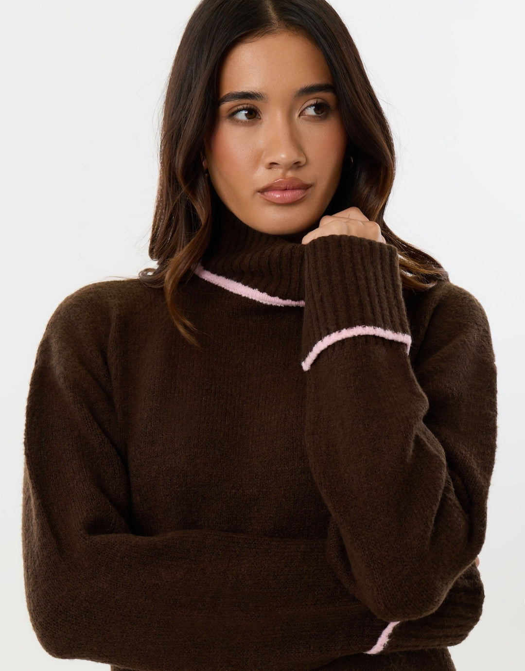 Relaxed Fit Contrast Trim Funnel Neck Jumper in Chocolate Brown
