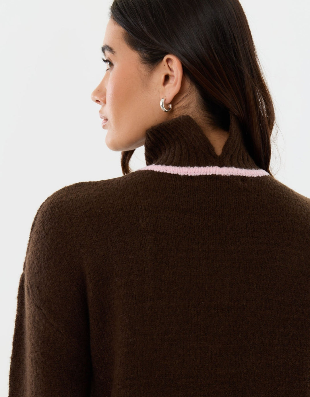 Relaxed Fit Contrast Trim Funnel Neck Jumper in Chocolate Brown