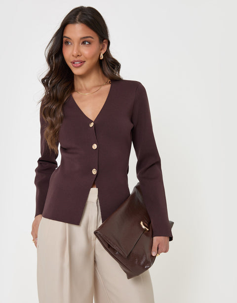 Threadbare Compact Knit V Neck Cardigan in Chocolate Brown - front view with bag