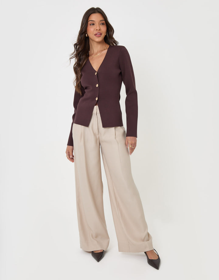Threadbare Compact Knit V Neck Cardigan in Chocolate Brown - full body