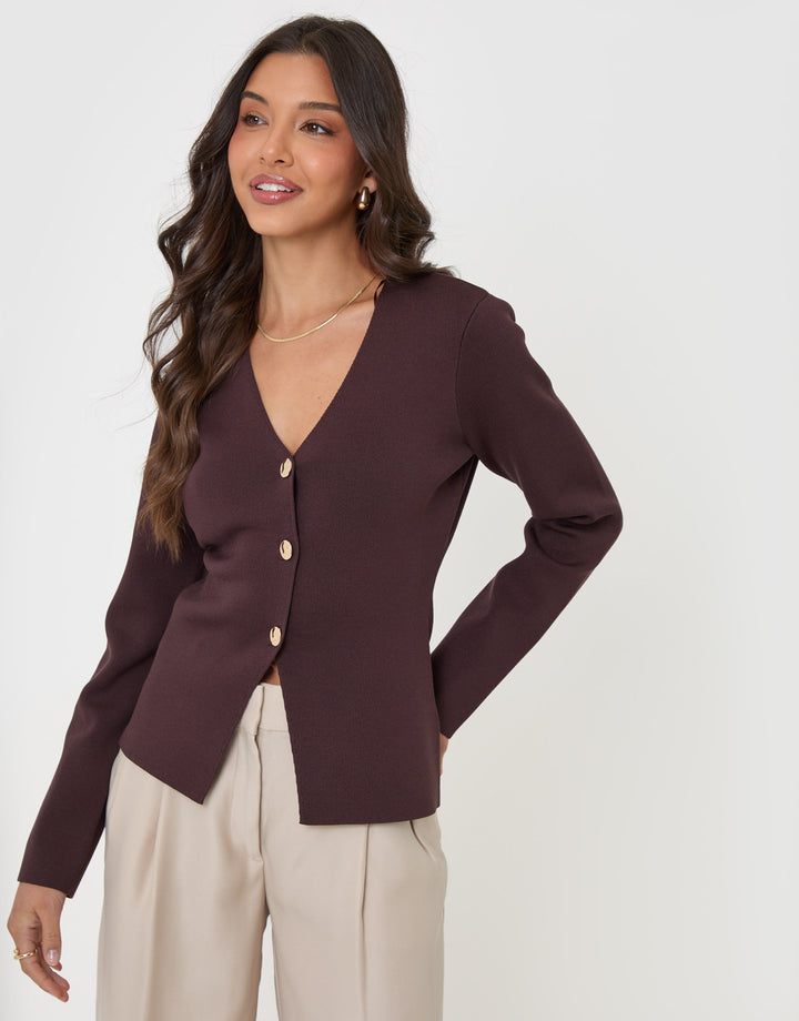Threadbare Compact Knit V Neck Cardigan in Chocolate Brown - front view