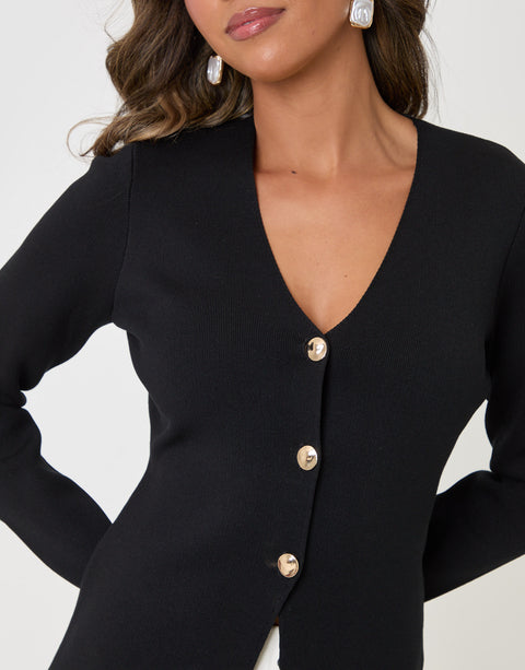 Threadbare Compact Knit V Neck Cardigan in Black - close up