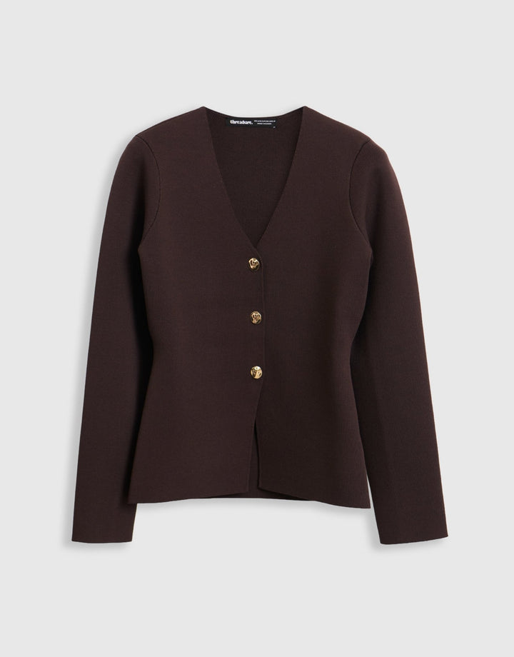 Threadbare Compact Knit V Neck Cardigan in Chocolate Brown - mannequin image