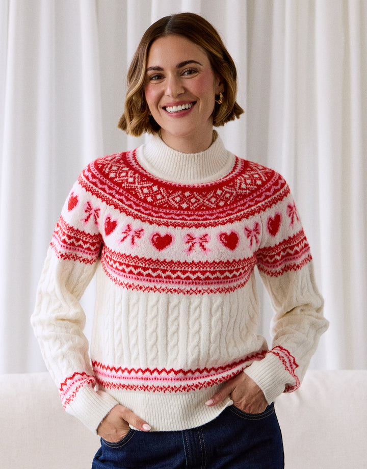 Ribbon Fairisle Knitted Christmas Jumper in Cream