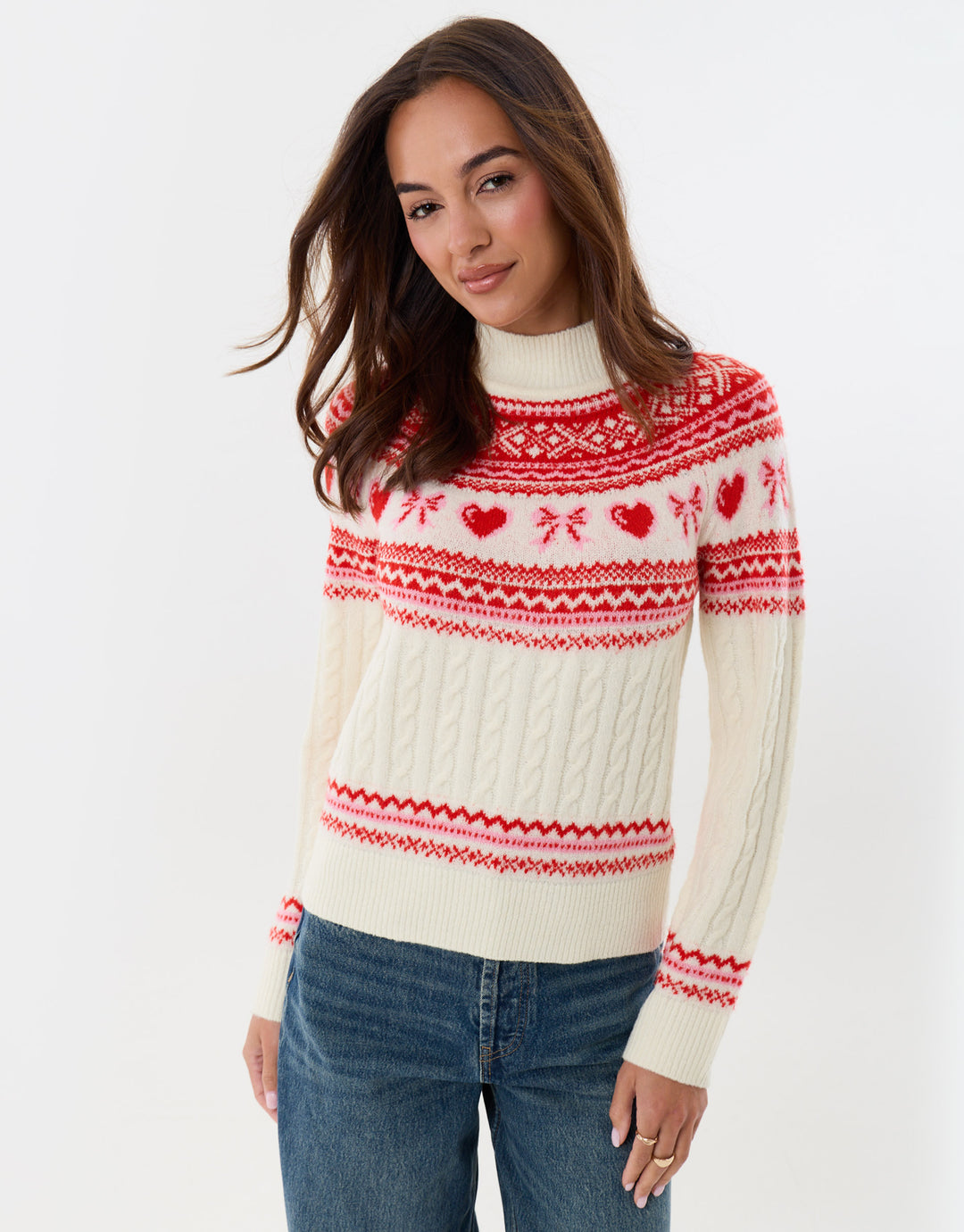 Ribbon Fairisle Knitted Christmas Jumper in Cream