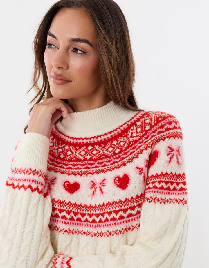 Ribbon Fairisle Knitted Christmas Jumper in Cream
