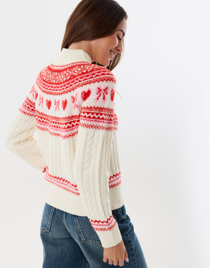 Ribbon Fairisle Knitted Christmas Jumper in Cream