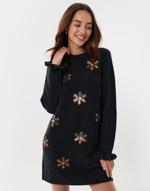 Threadbare Sequin Snowflake Mini Jumper Dress in Black -  front view