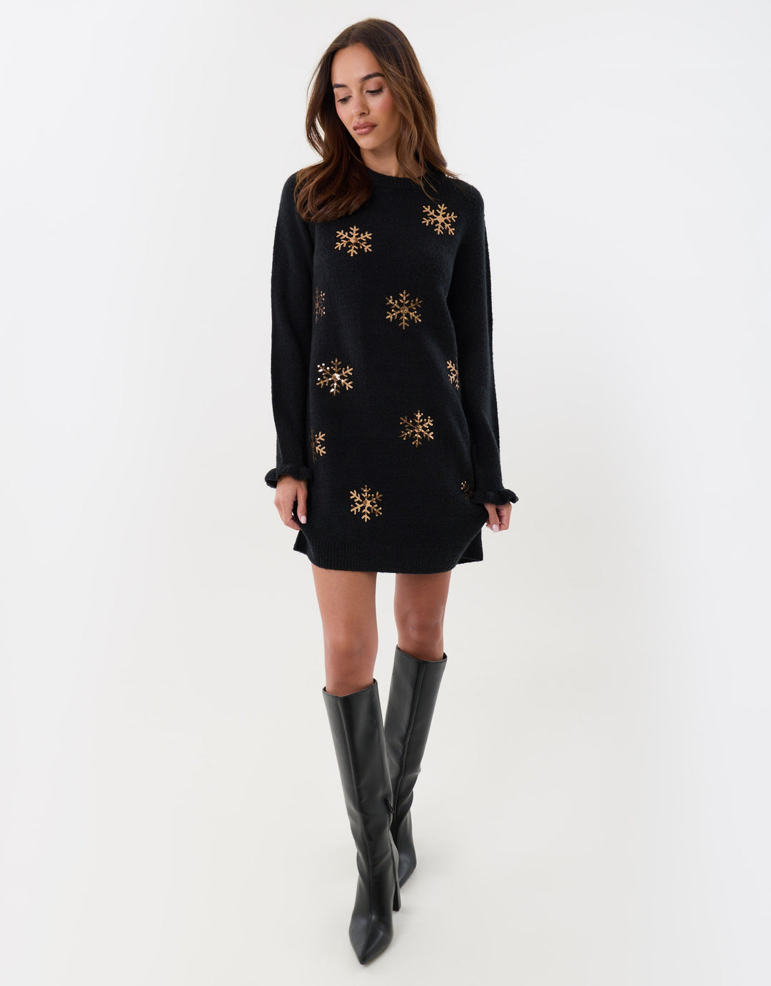Sequin Snowflake Mini Jumper Dress in Black