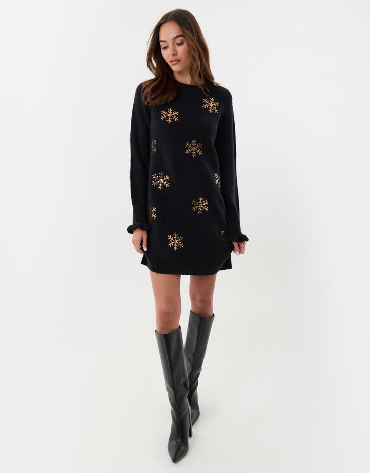 Sequin Snowflake Mini Jumper Dress in Black