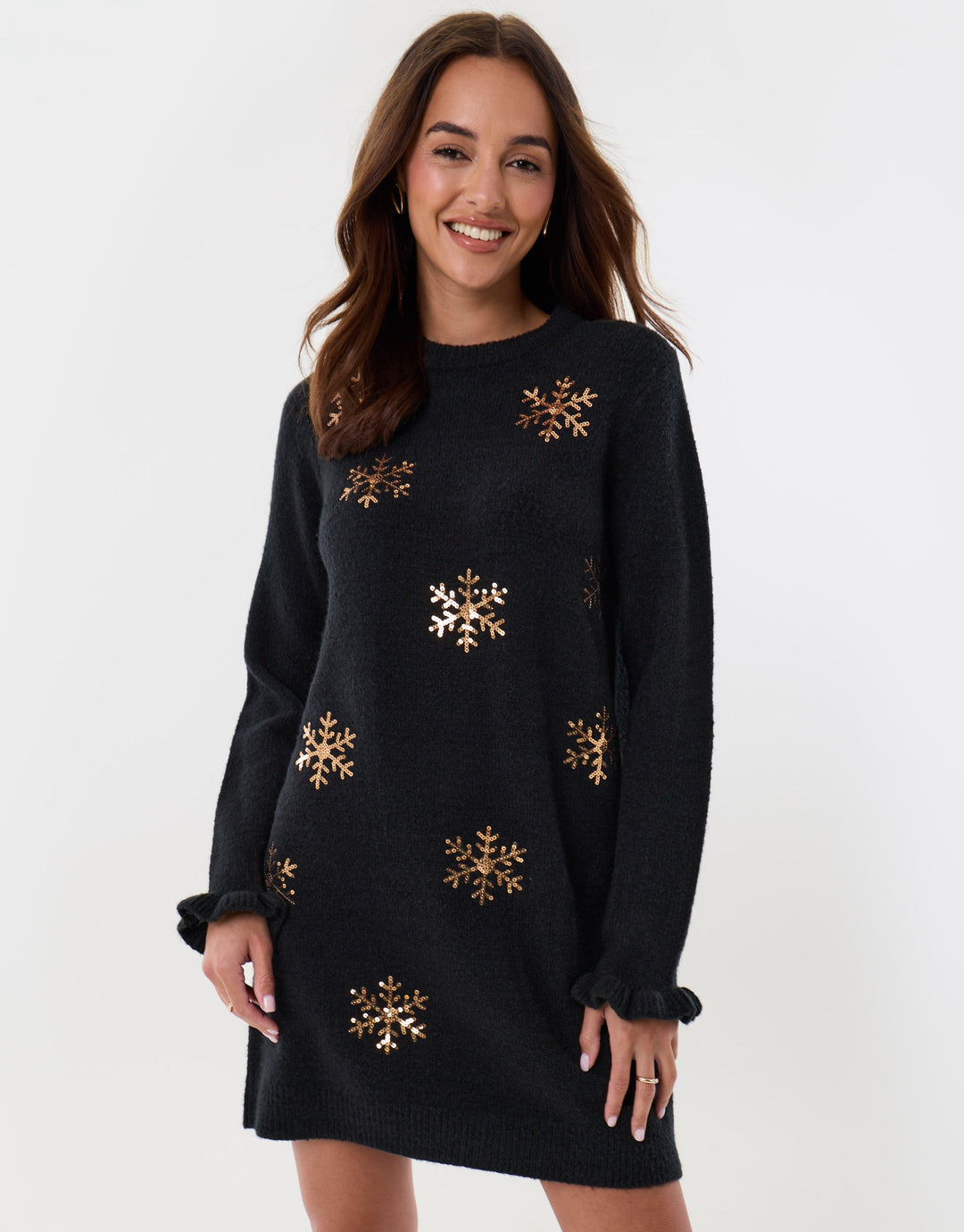 Sequin Snowflake Mini Jumper Dress in Black