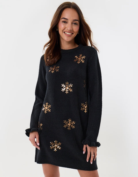 Threadbare Sequin Snowflake Mini Jumper Dress in Black - print front view