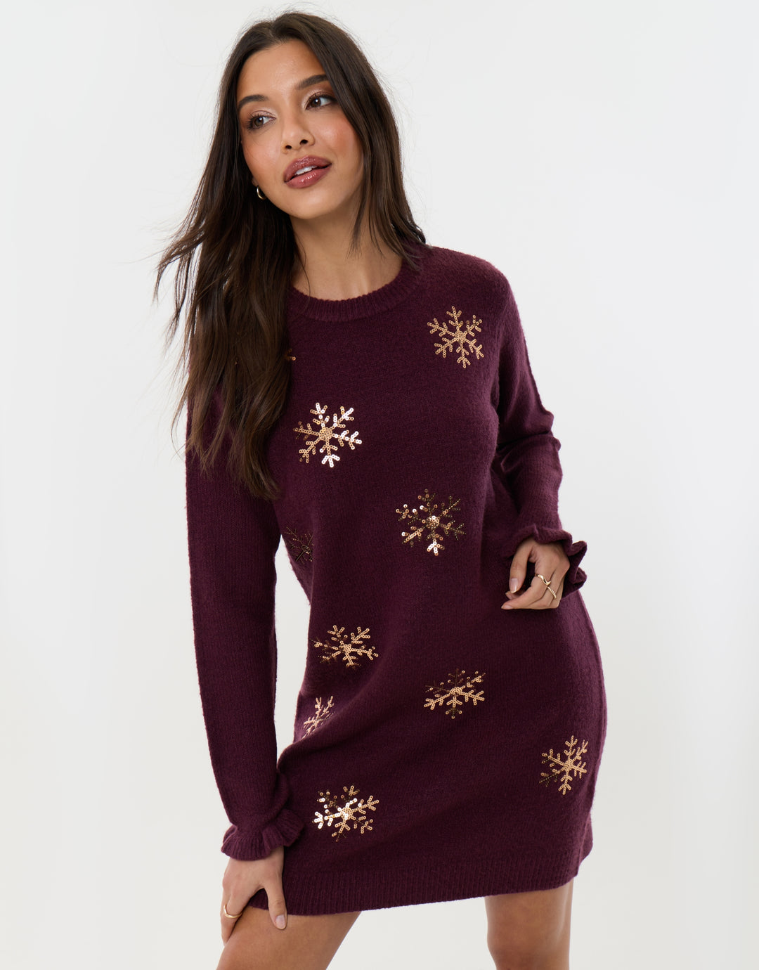 Sequin Snowflake Mini Jumper Dress in Plum