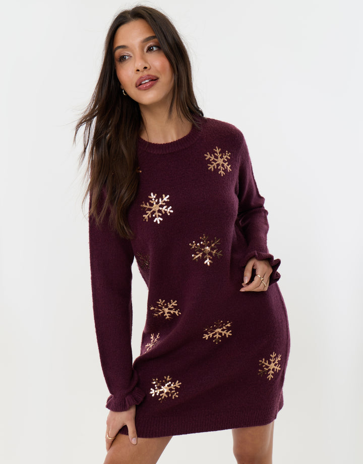 Sequin Snowflake Mini Jumper Dress in Plum