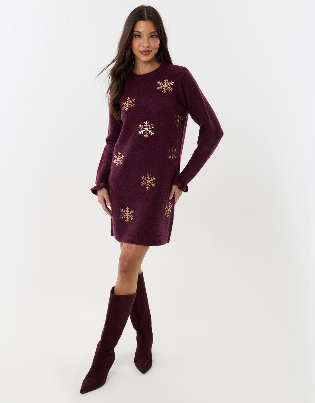 Sequin Snowflake Mini Jumper Dress in Plum
