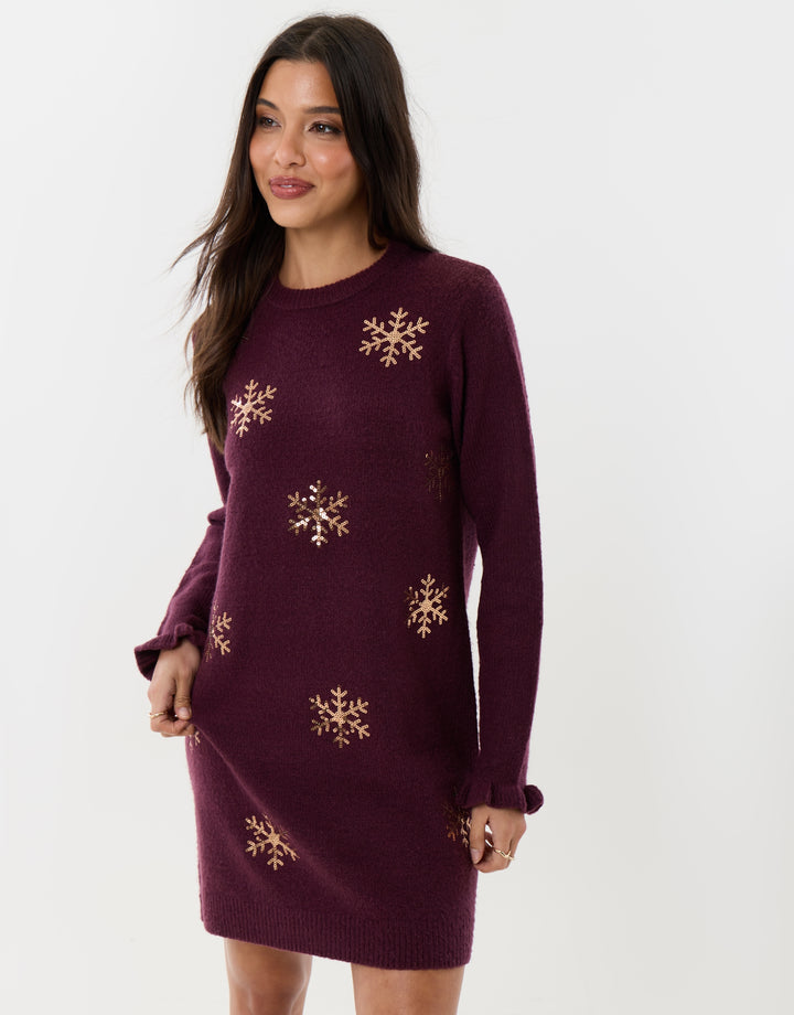 Sequin Snowflake Mini Jumper Dress in Plum
