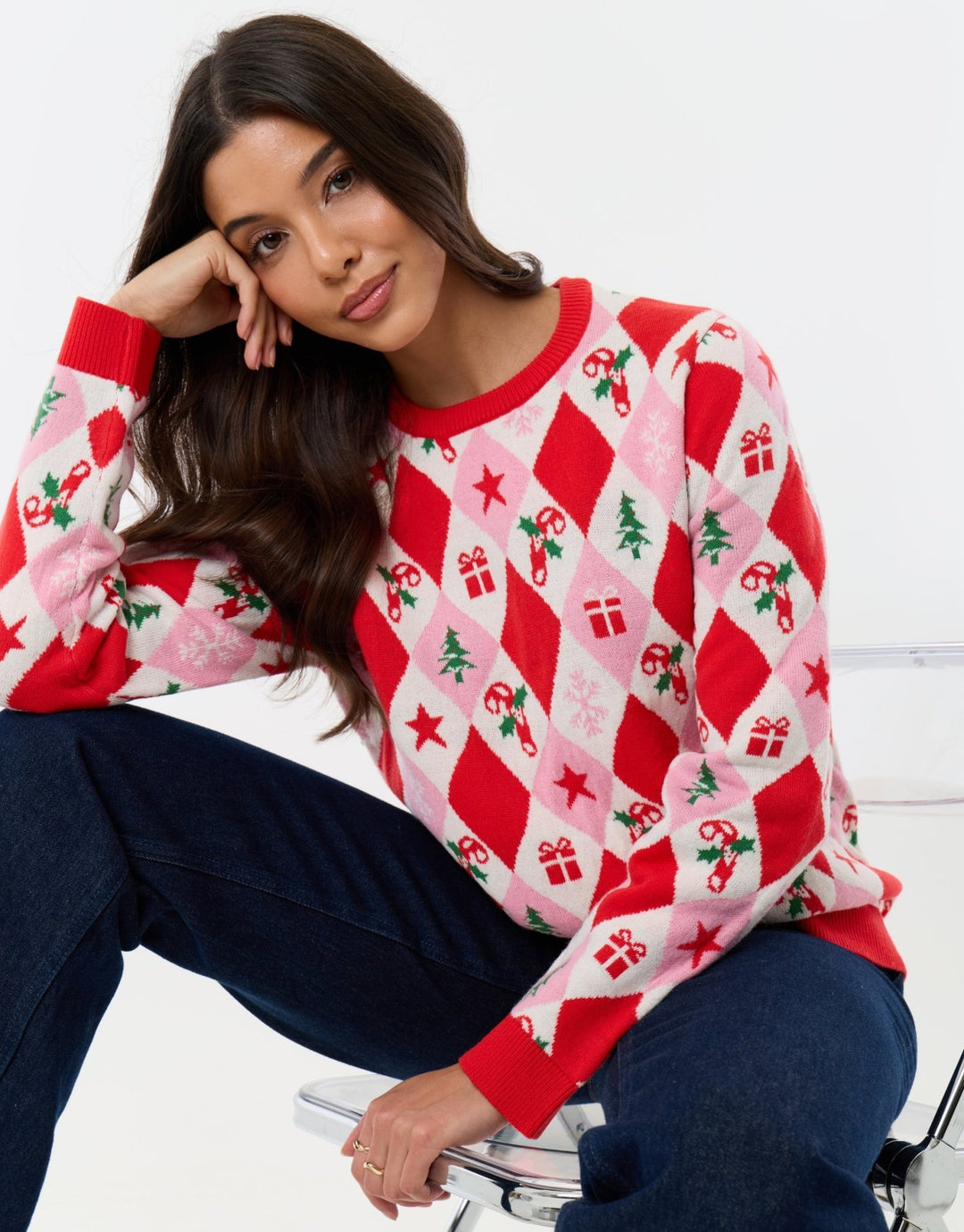 Festive Argyle Knitted Christmas Jumper in Pink