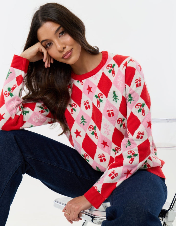 Festive Argyle Knitted Christmas Jumper in Pink