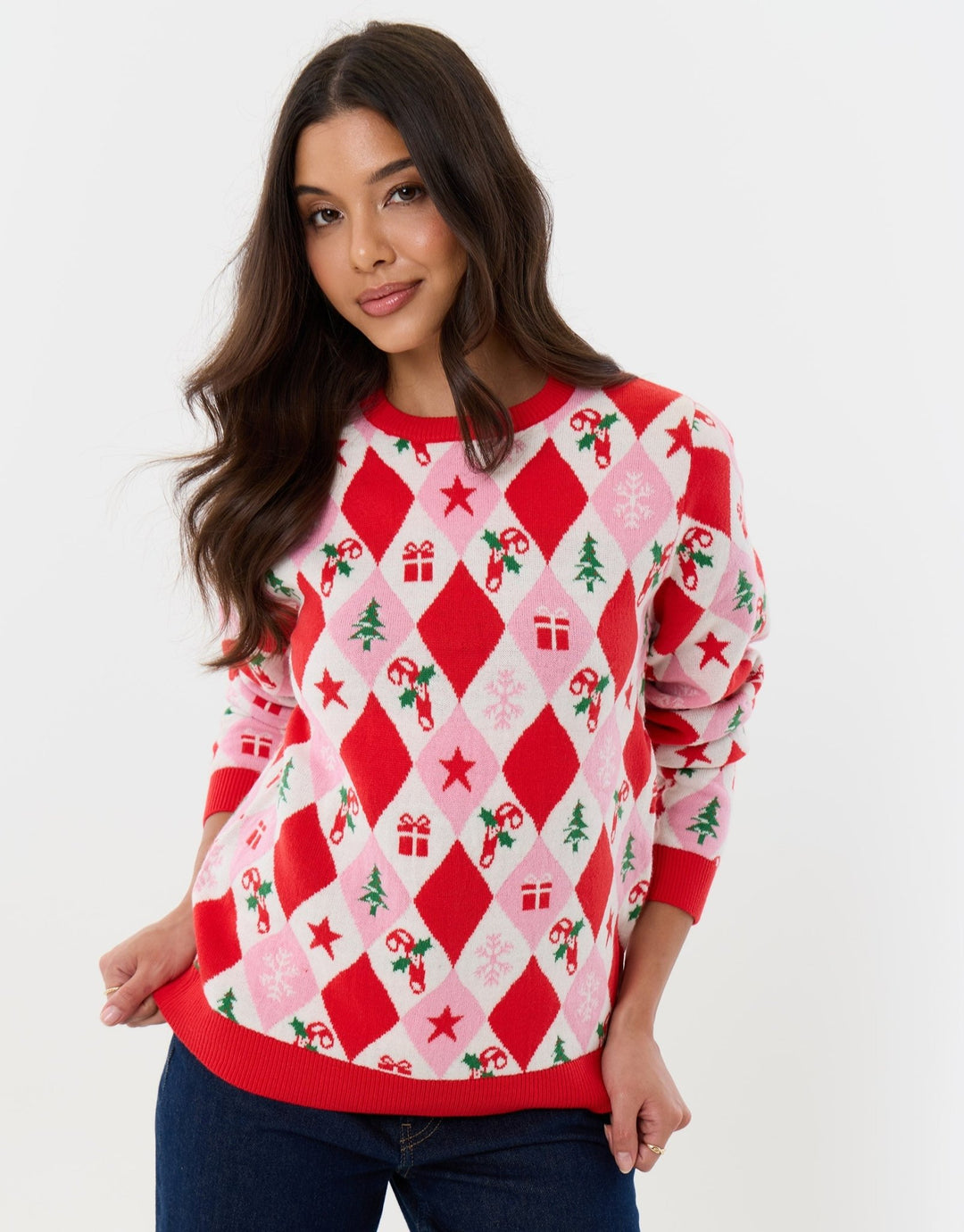 Festive Argyle Knitted Christmas Jumper in Pink