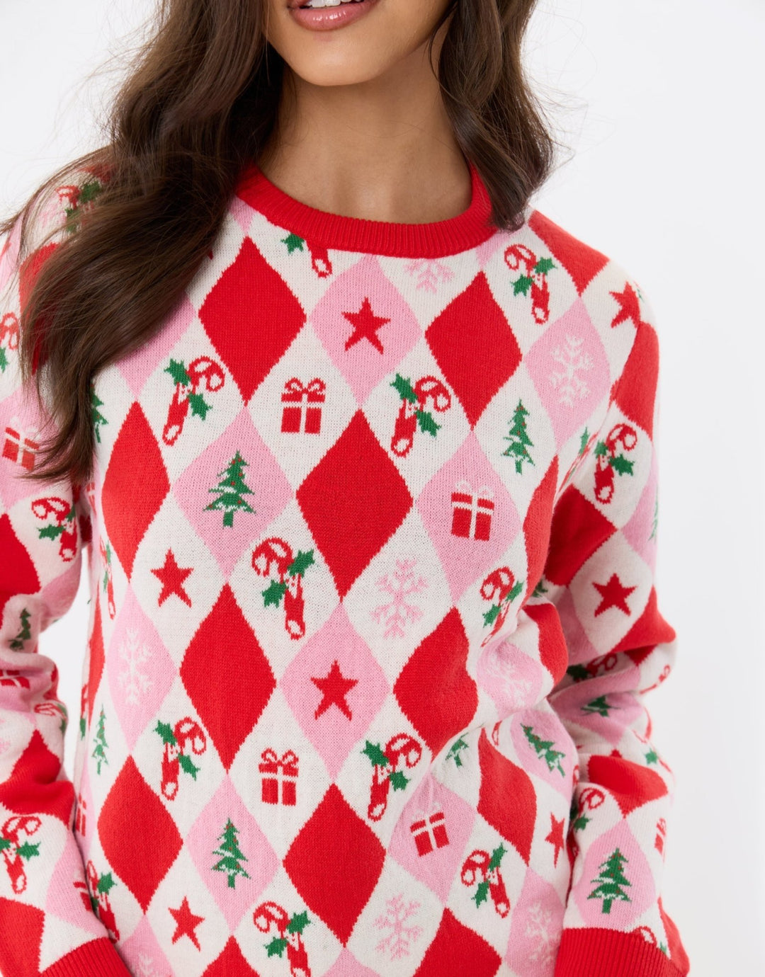 Festive Argyle Knitted Christmas Jumper in Pink