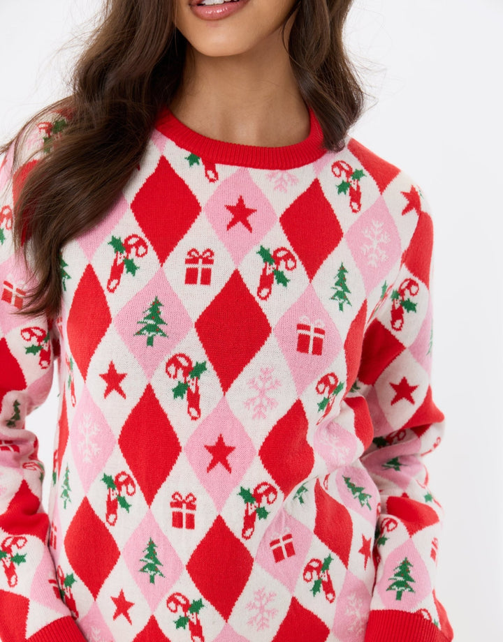 Festive Argyle Knitted Christmas Jumper in Pink