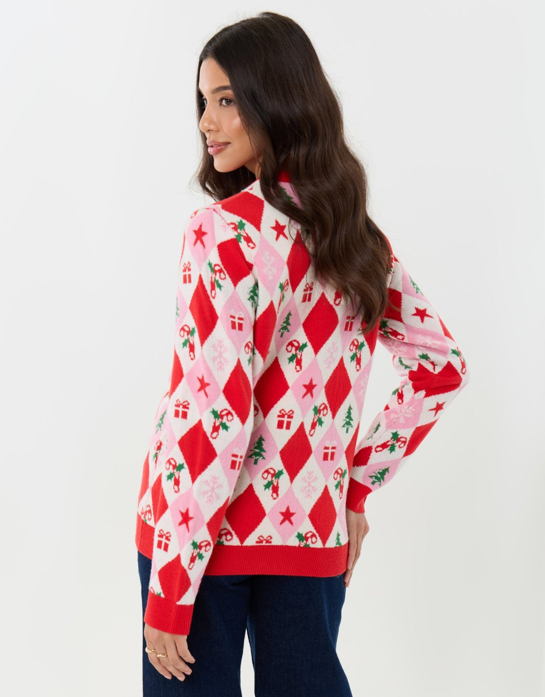 Festive Argyle Knitted Christmas Jumper in Pink