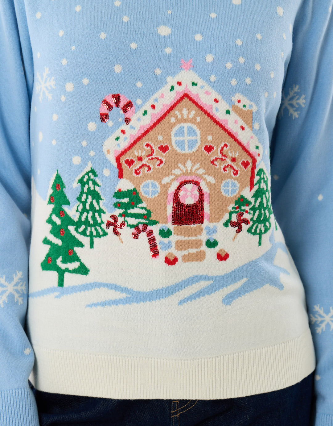 Gingerbread House Knitted Christmas Jumper in Light Blue
