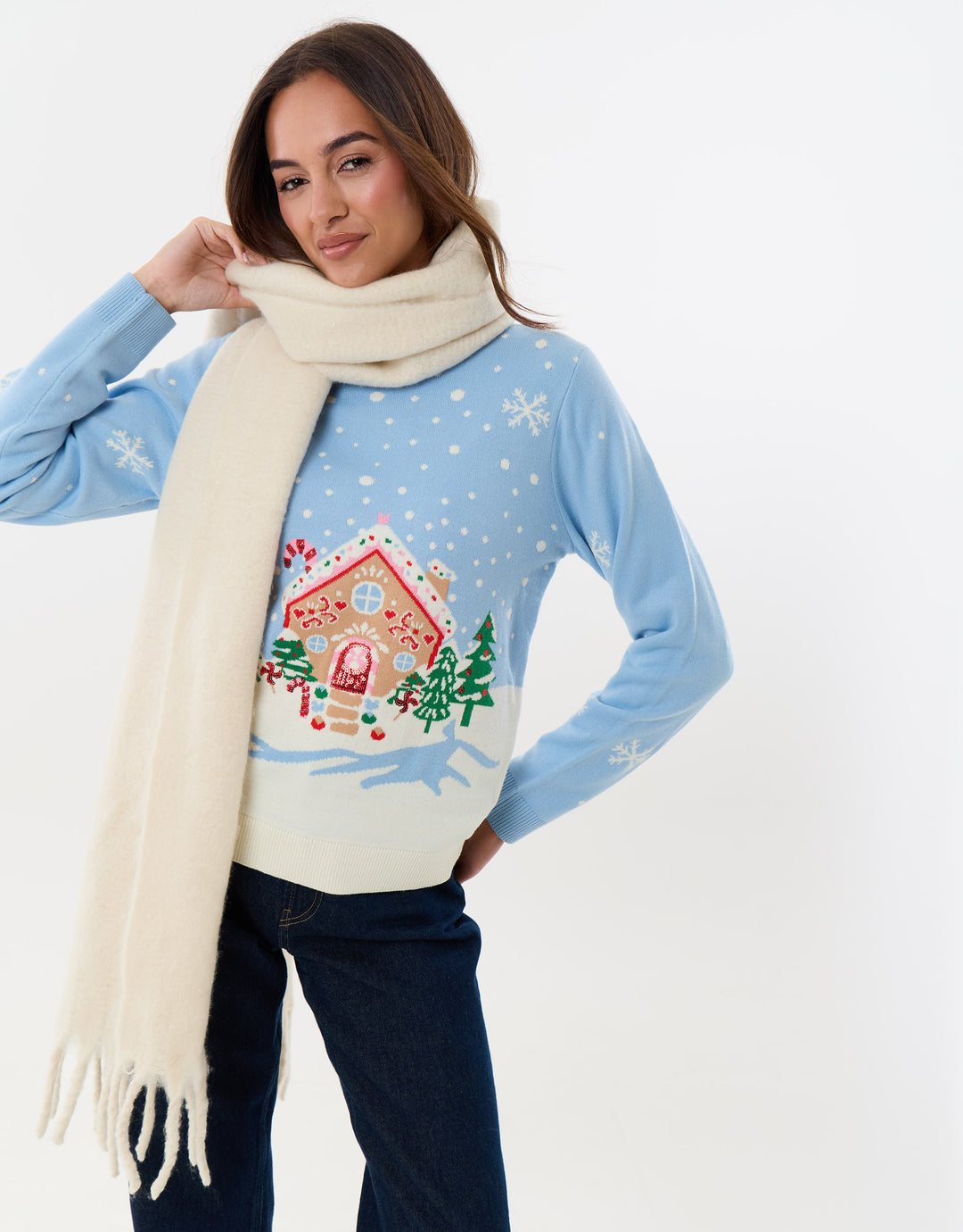 Gingerbread House Knitted Christmas Jumper in Light Blue