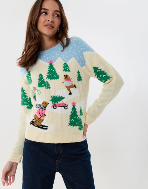 Threadbare Winter Scene Knitted Christmas Jumper in Beige -  front view