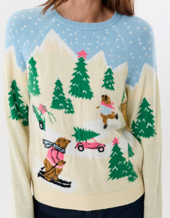 Threadbare Winter Scene Knitted Christmas Jumper in Beige - close up