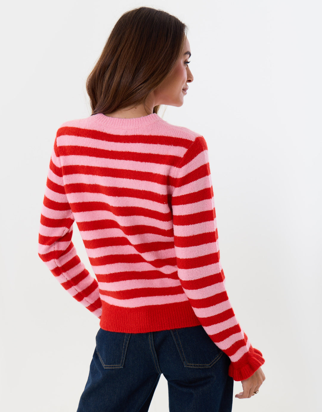 Threadbare Sequin Snowflake Christmas Jumper in Pink & Red Stripe - back view