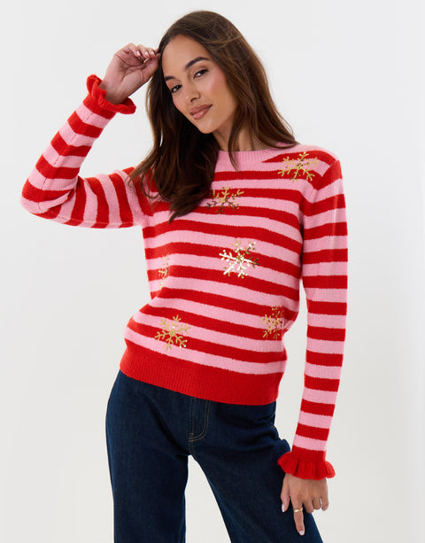 Threadbare Sequin Snowflake Christmas Jumper in Pink & Red Stripe - posed front view