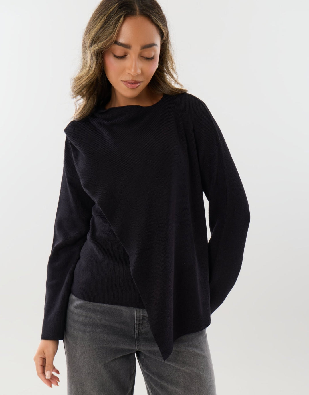 Threadbare Scarf Detail Wrap Jumper in Black - hand on hip front view