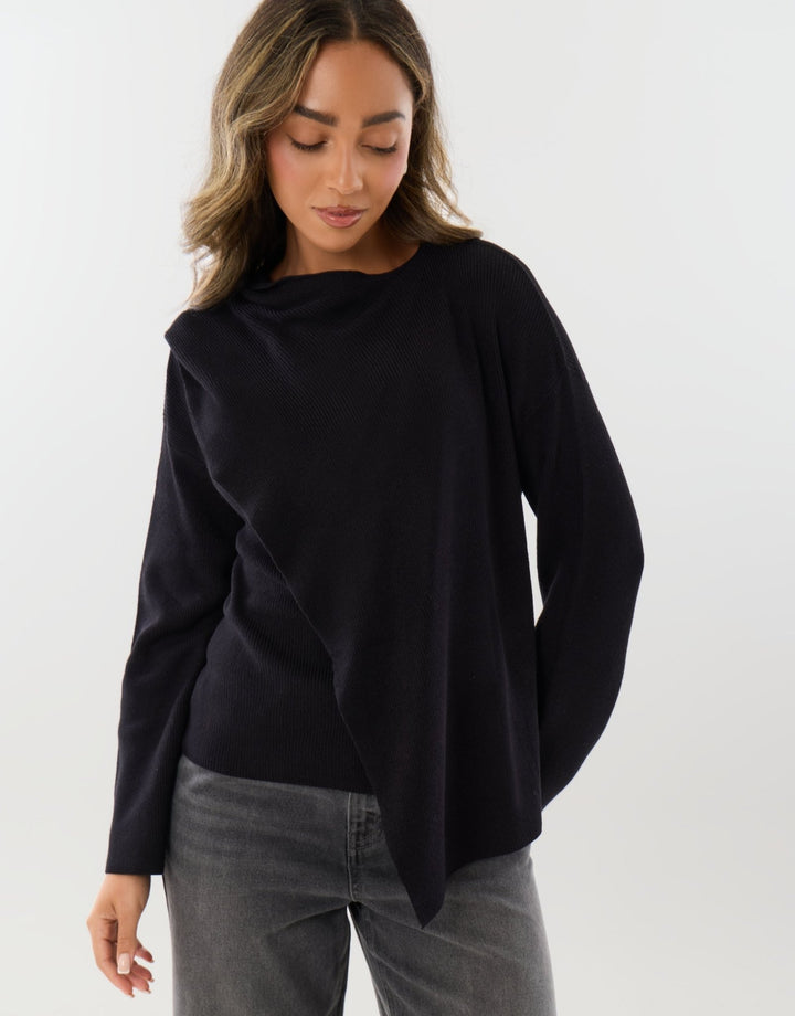 Threadbare Scarf Detail Wrap Jumper in Black - hand on hip front view