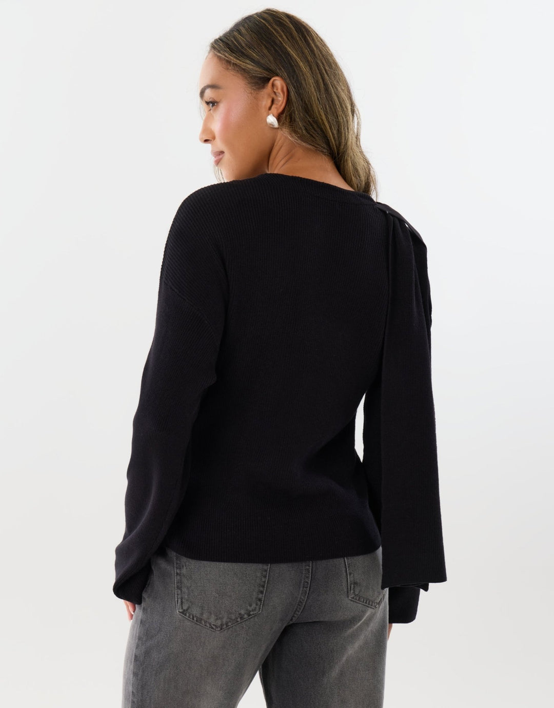 Threadbare Scarf Detail Wrap Jumper in Black - back view