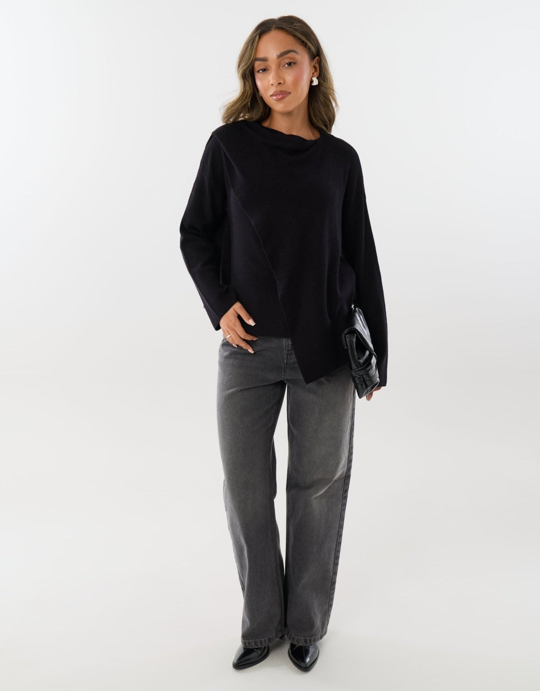 Threadbare Scarf Detail Wrap Jumper in Black - full front view