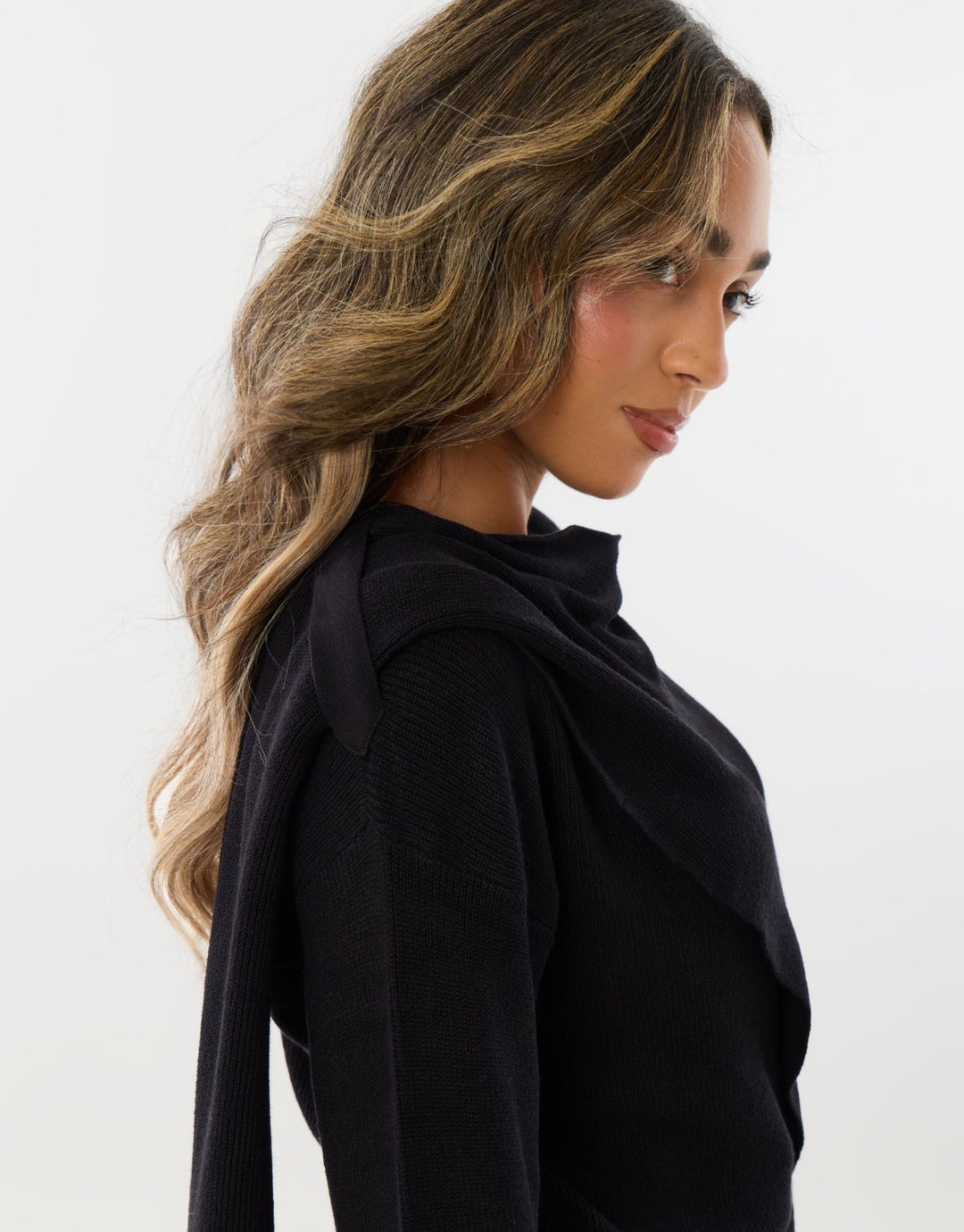 Threadbare Scarf Detail Wrap Jumper in Black - side close up
